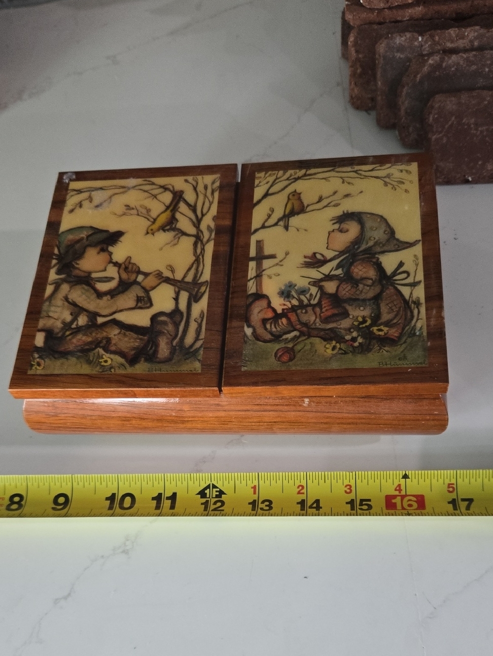 Hummel Wooden Musical  Trinket Box with Illustrated Panels in Brown and Cream